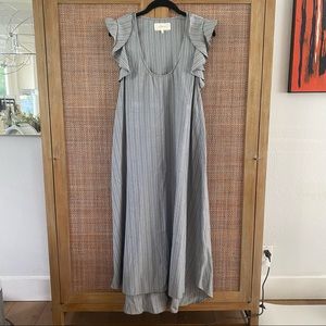 THE GREAT. Blue & Beige Stripe Ruffle Detail Linen MIDI Dress